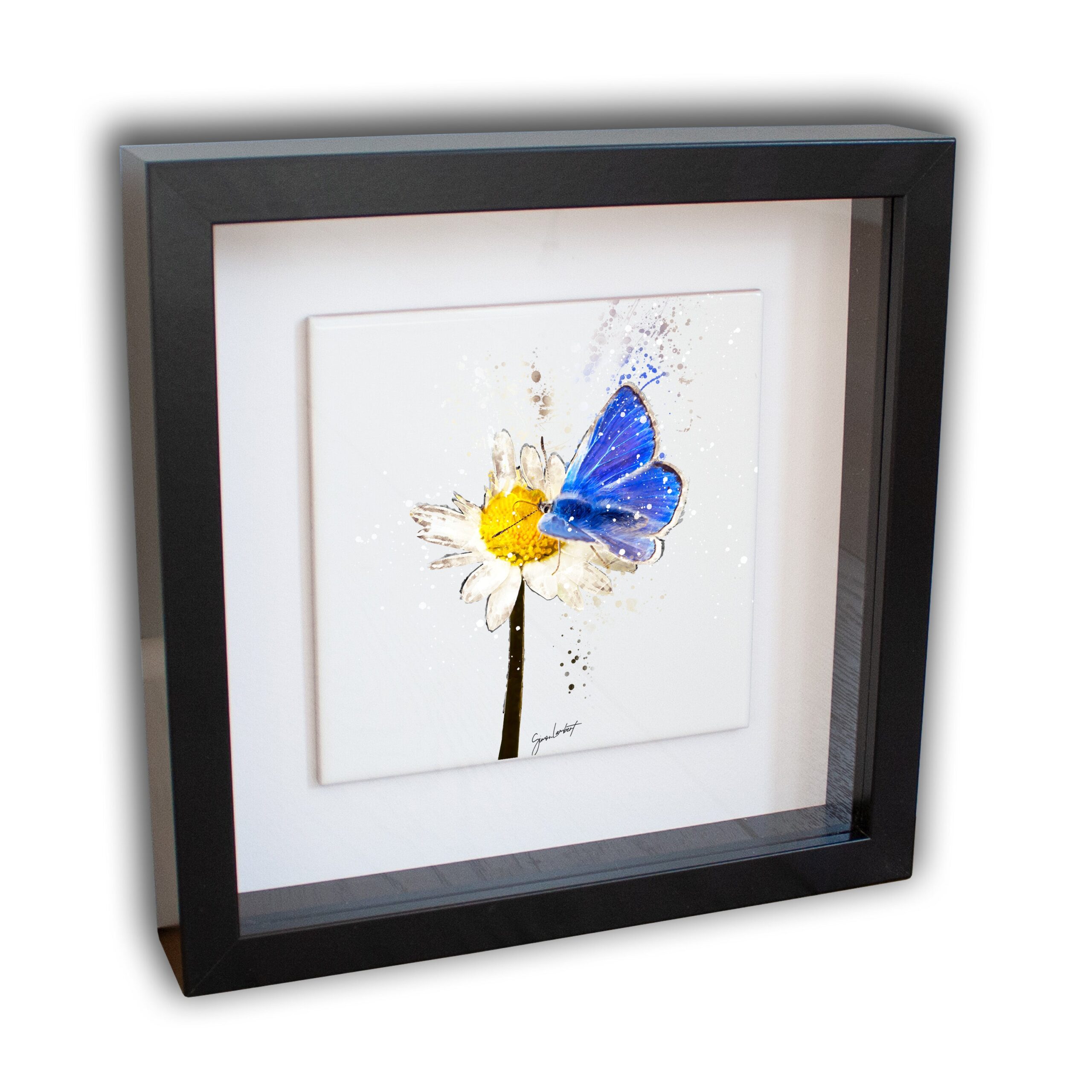 Blue Butterfly Portrait Brush Splatter Style Artwork - Framed CERAMIC TILE Art - Image 2
