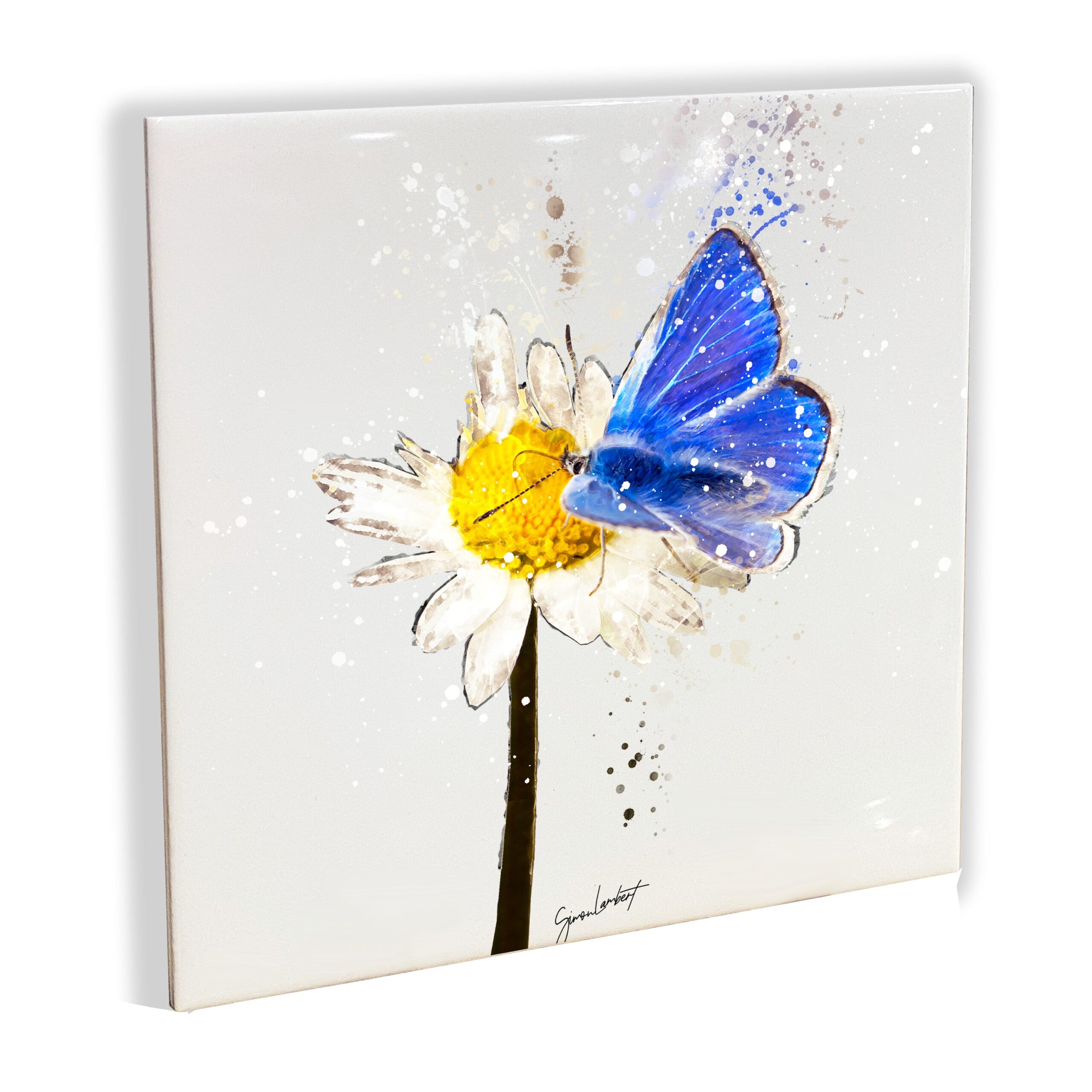 Blue Butterfly Portrait Brush Splatter Style Artwork - Framed CERAMIC TILE Art - Image 3