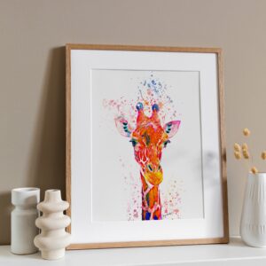 Rainbow Giraffe Portrait Splatter Style Artwork Fine Art Print (Unframed)