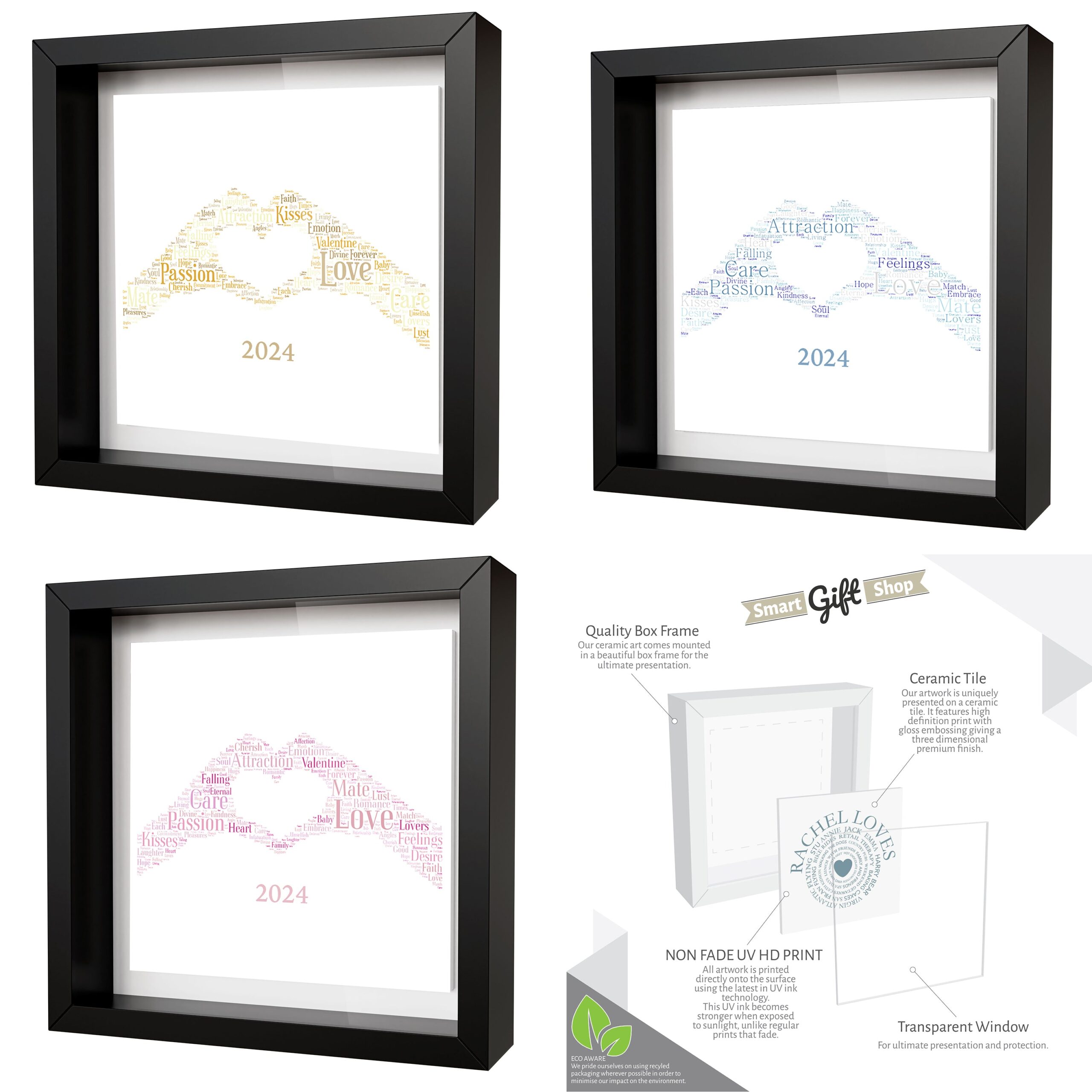 Personalised Anniversary, Valentines and Wedding Celebration Artwork- Framed CERAMIC TILE Print - Hand Heart Design - Image 3