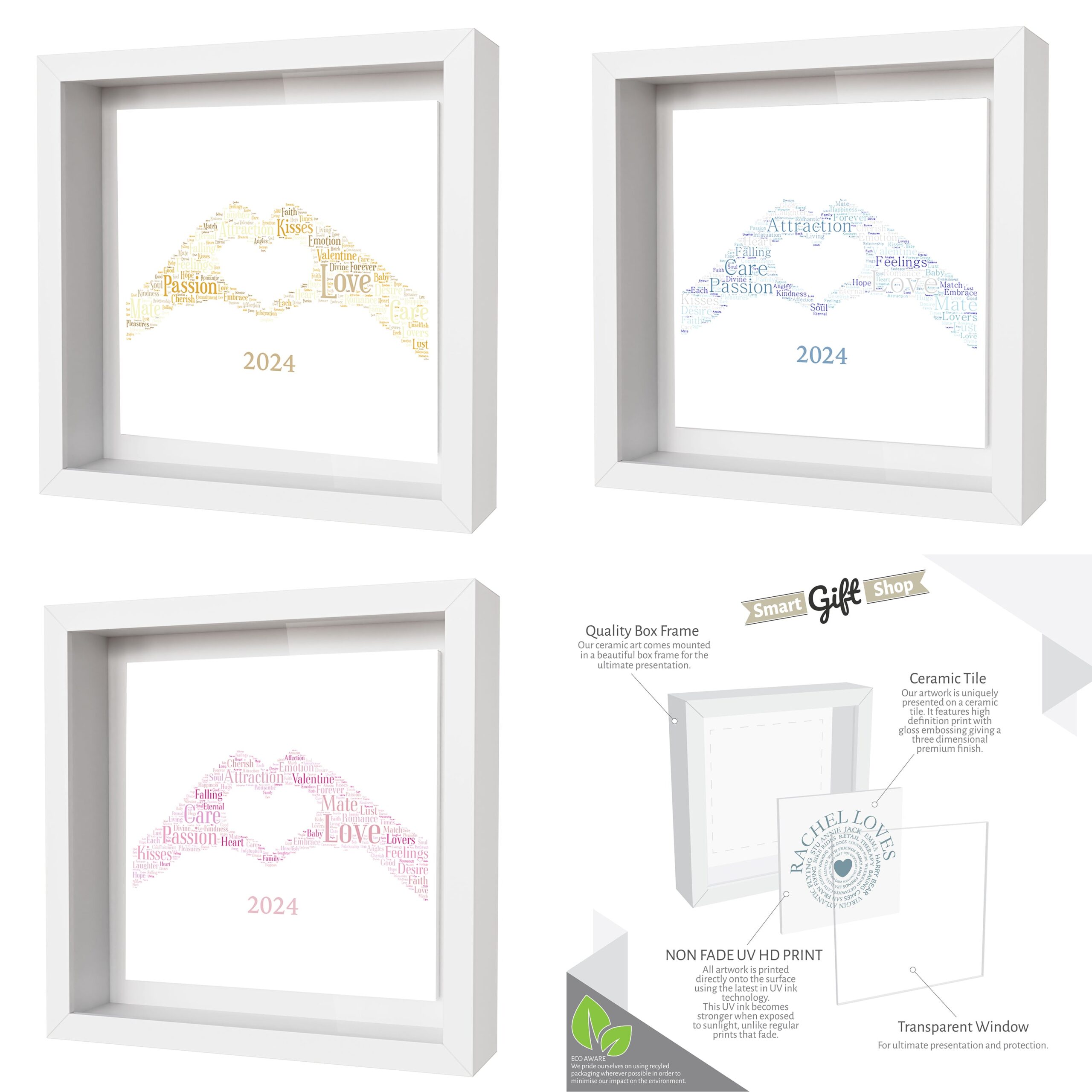 Personalised Anniversary, Valentines and Wedding Celebration Artwork- Framed CERAMIC TILE Print - Hand Heart Design