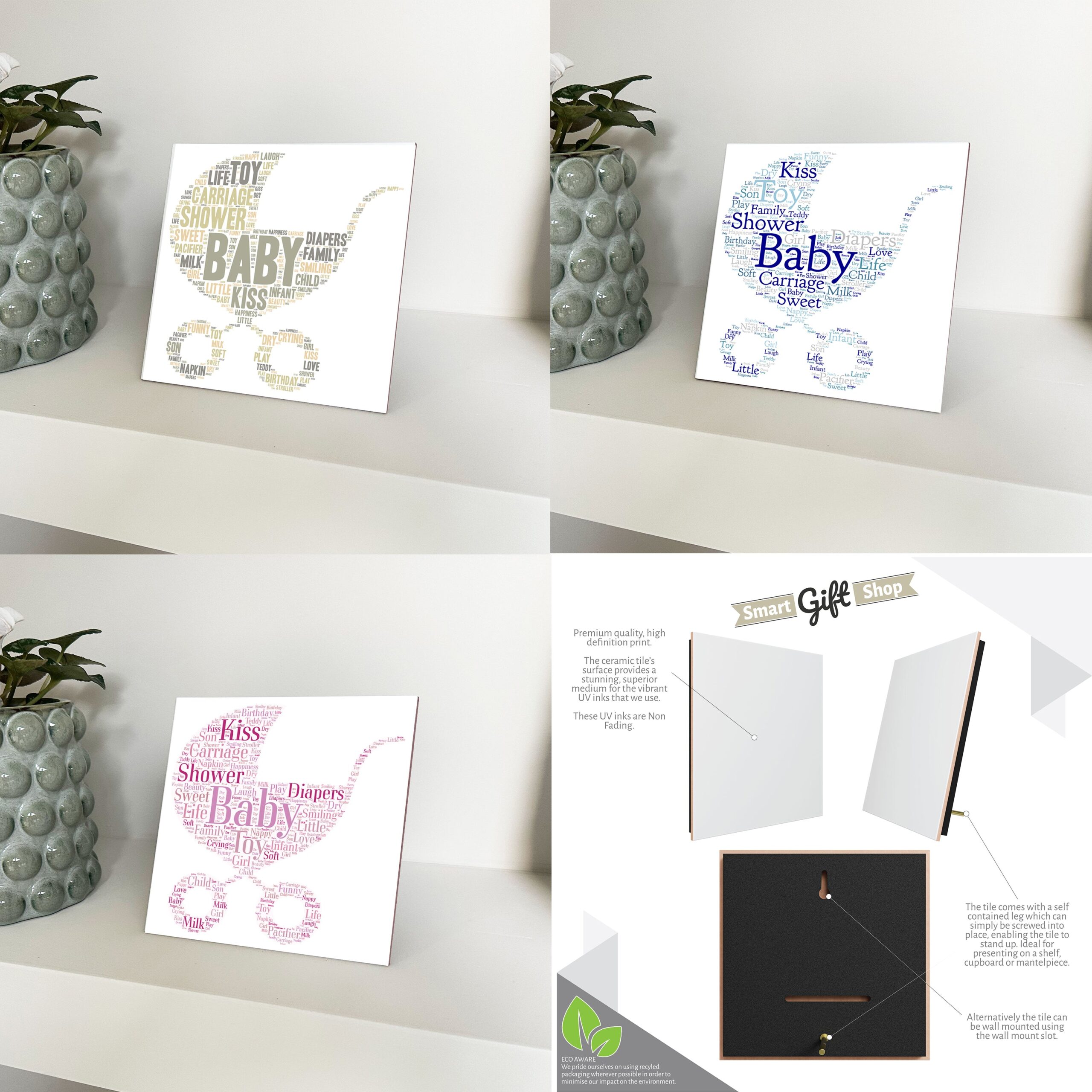 Personalised Baby Celebration Artwork - Framed CERAMIC TILE Print - Baby Pram Design - Image 2