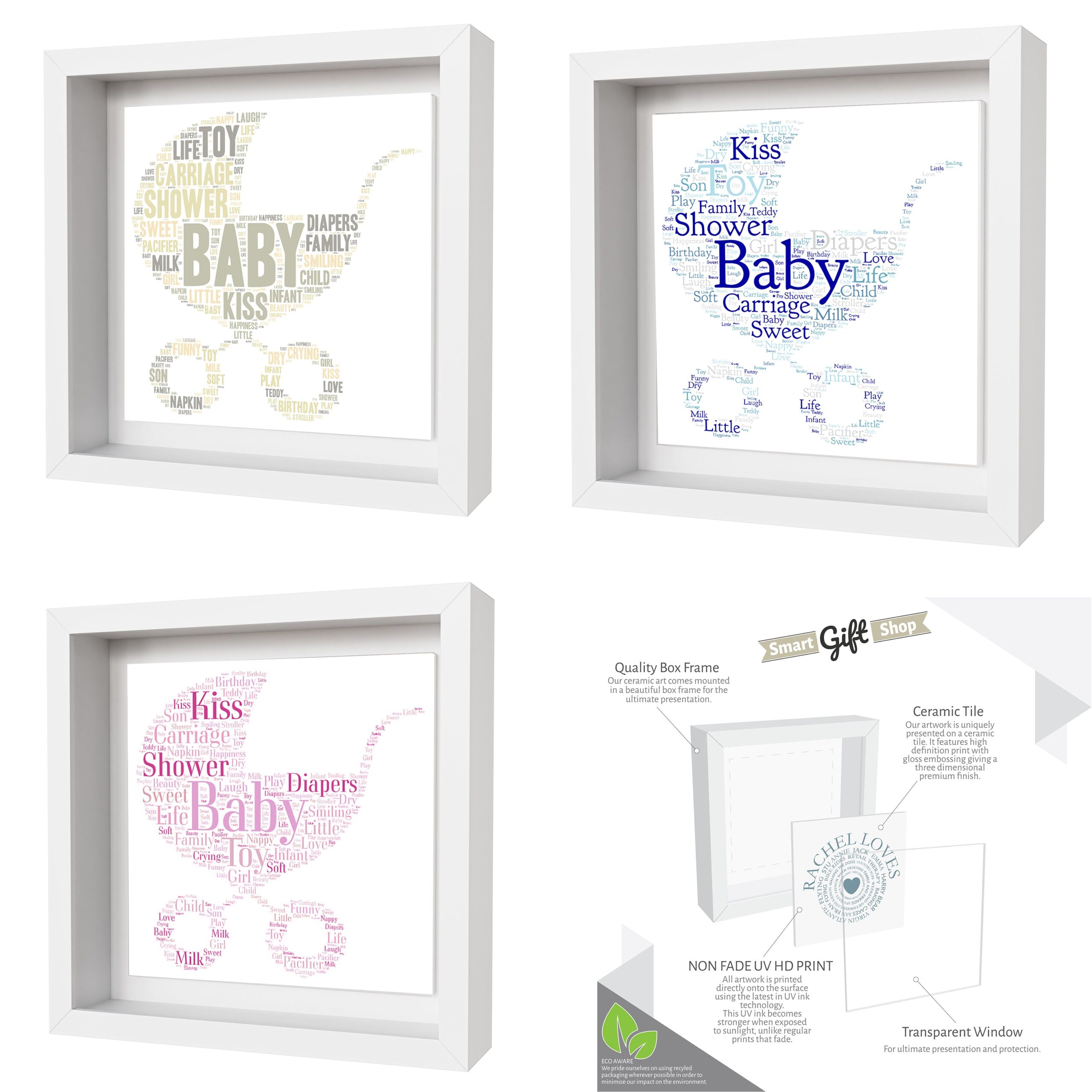 Personalised Baby Celebration Artwork - Framed CERAMIC TILE Print - Baby Pram Design - Image 3