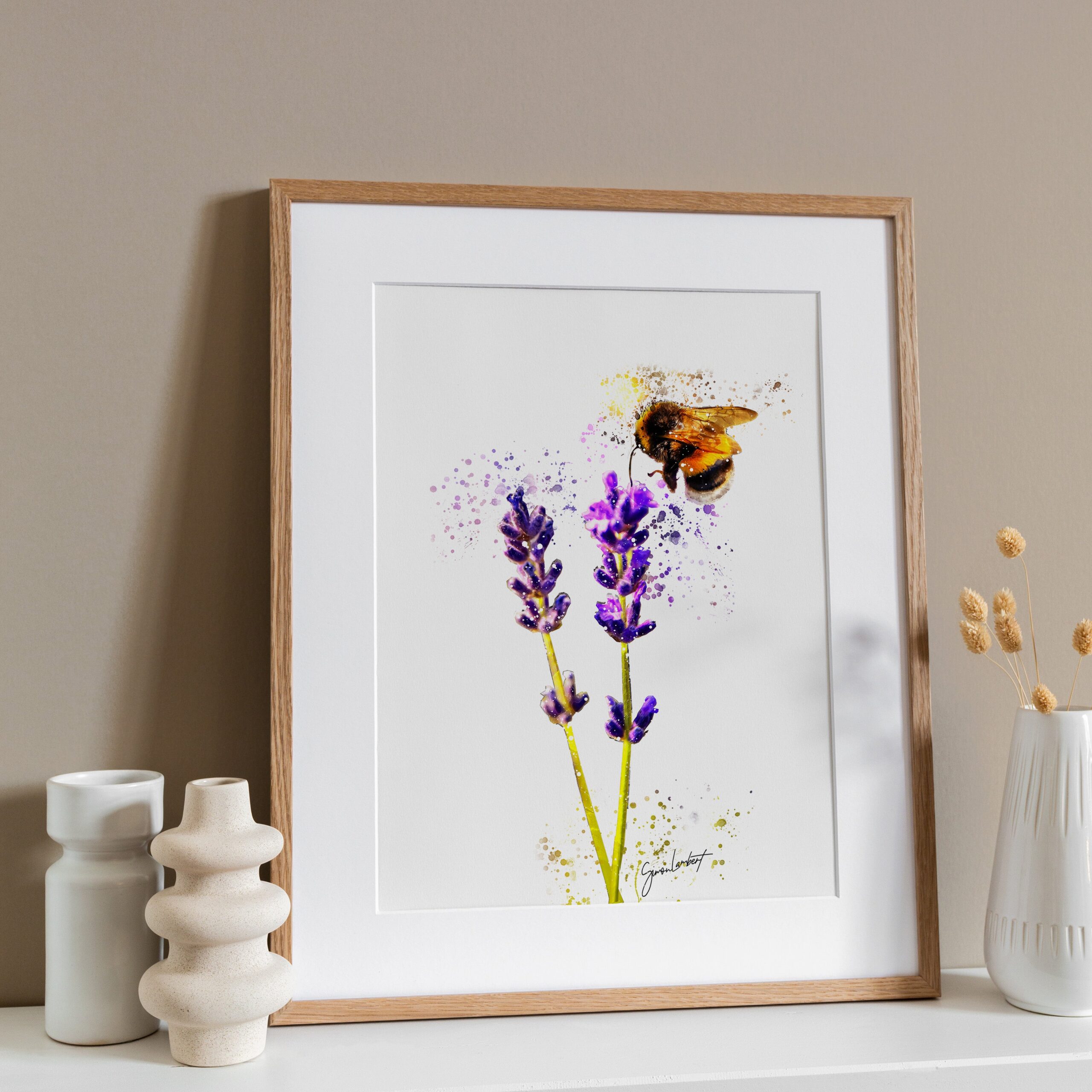 Bumblebee Lavender Plant Portrait Splatter Style Artwork Fine Art Print (Unframed) - Image 2