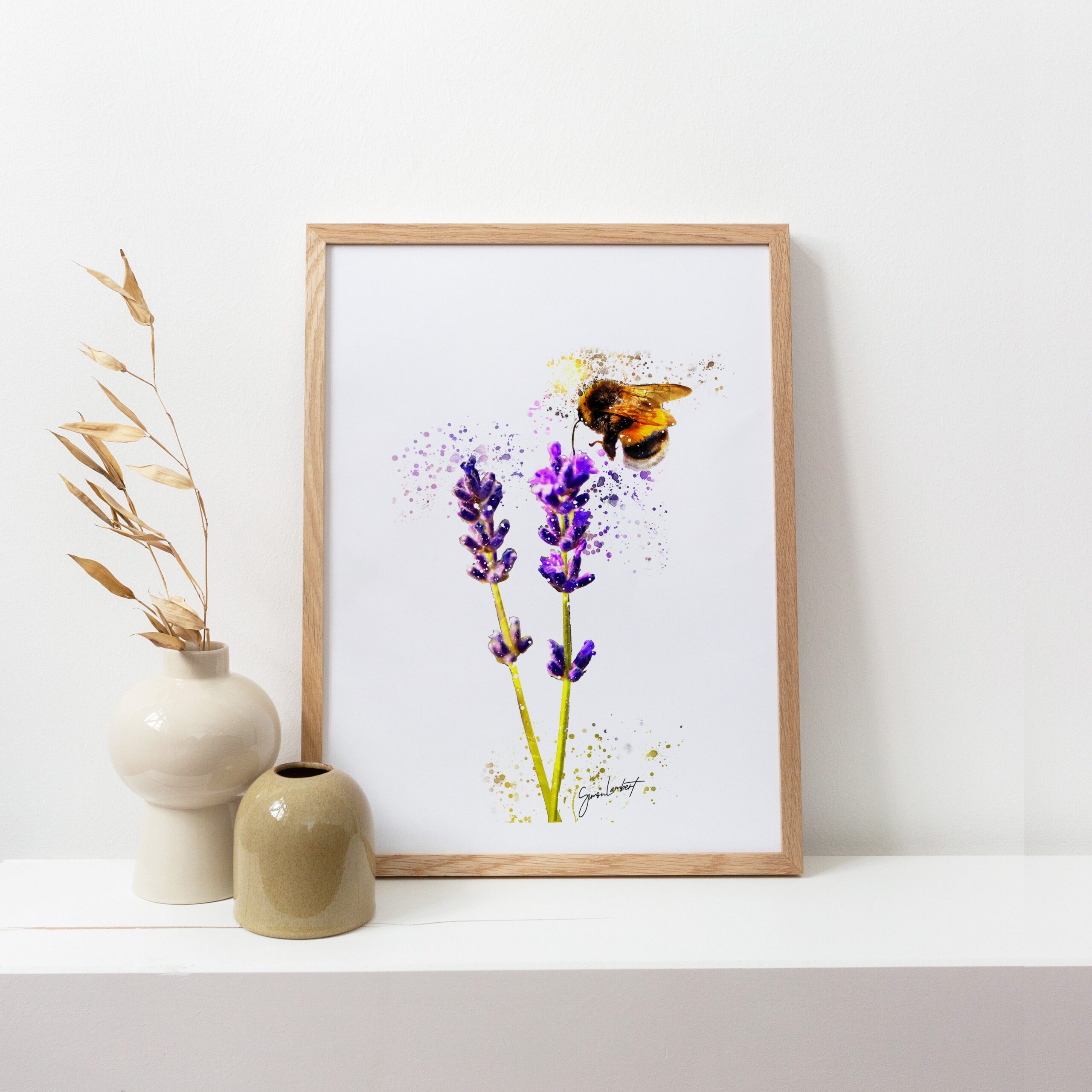Bumblebee Lavender Plant Portrait Splatter Style Artwork Fine Art Print (Unframed) - Image 3