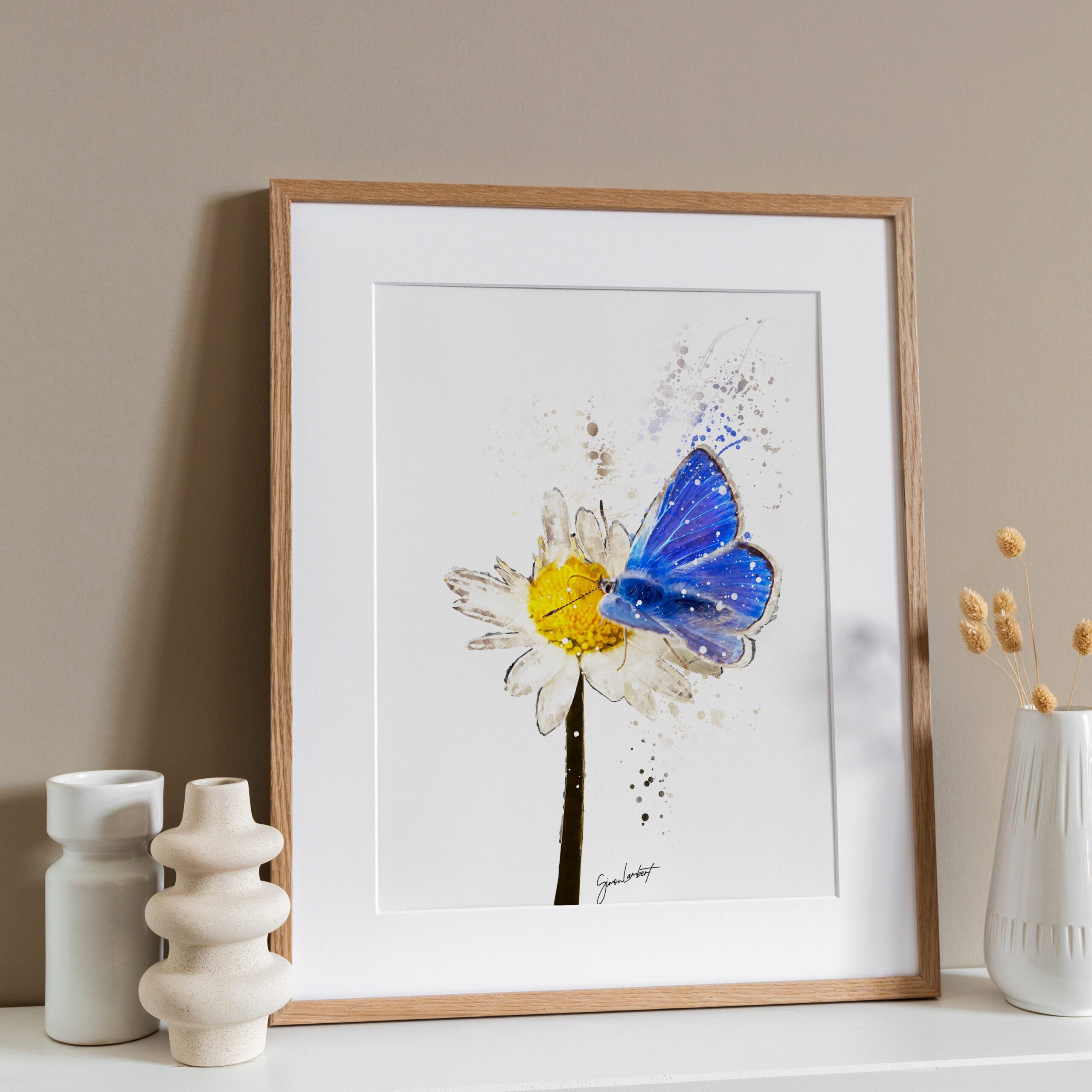 Blue Butterfly Flower Portrait Splatter Style Artwork Fine Art Print (Unframed) - Image 2