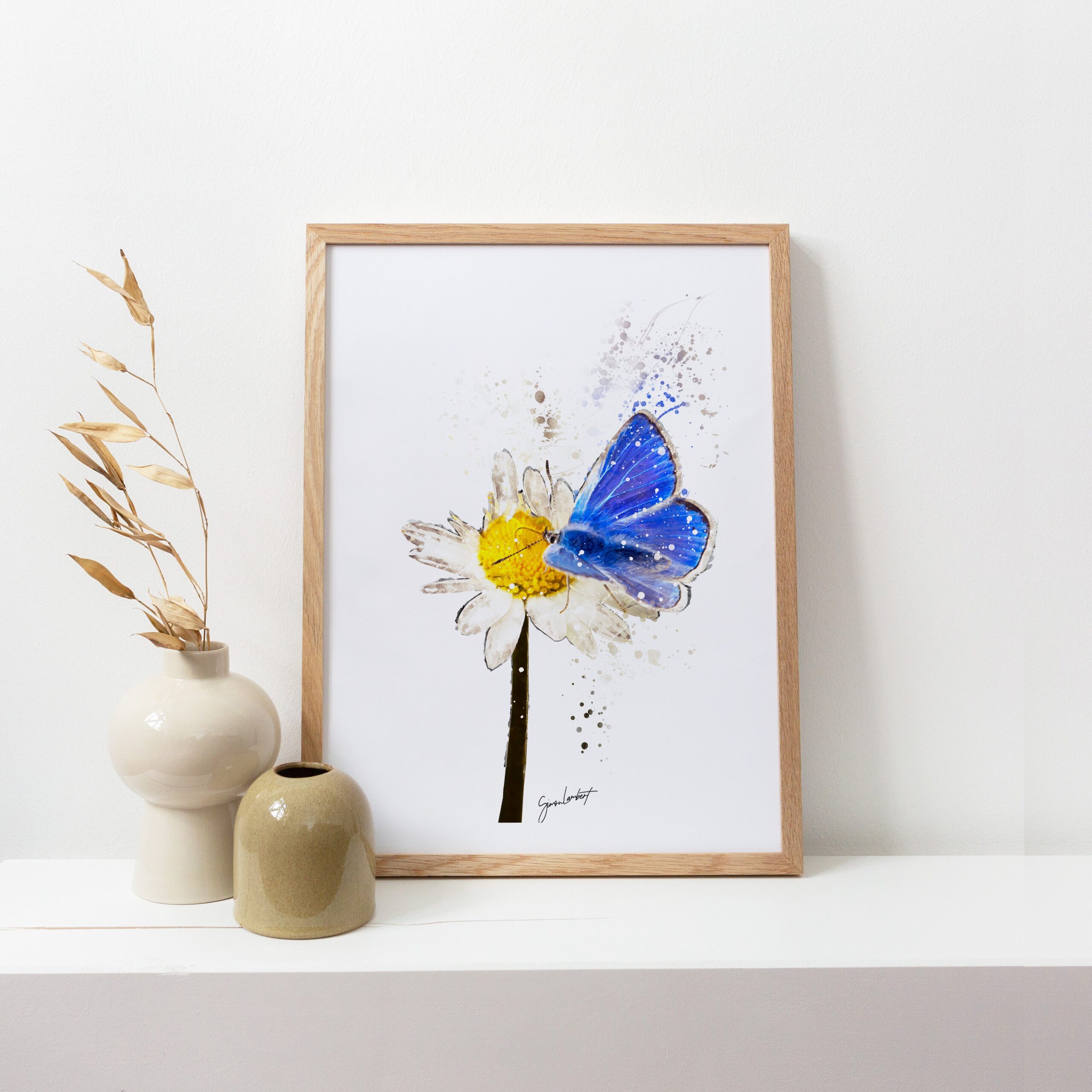Blue Butterfly Flower Portrait Splatter Style Artwork Fine Art Print (Unframed) - Image 3