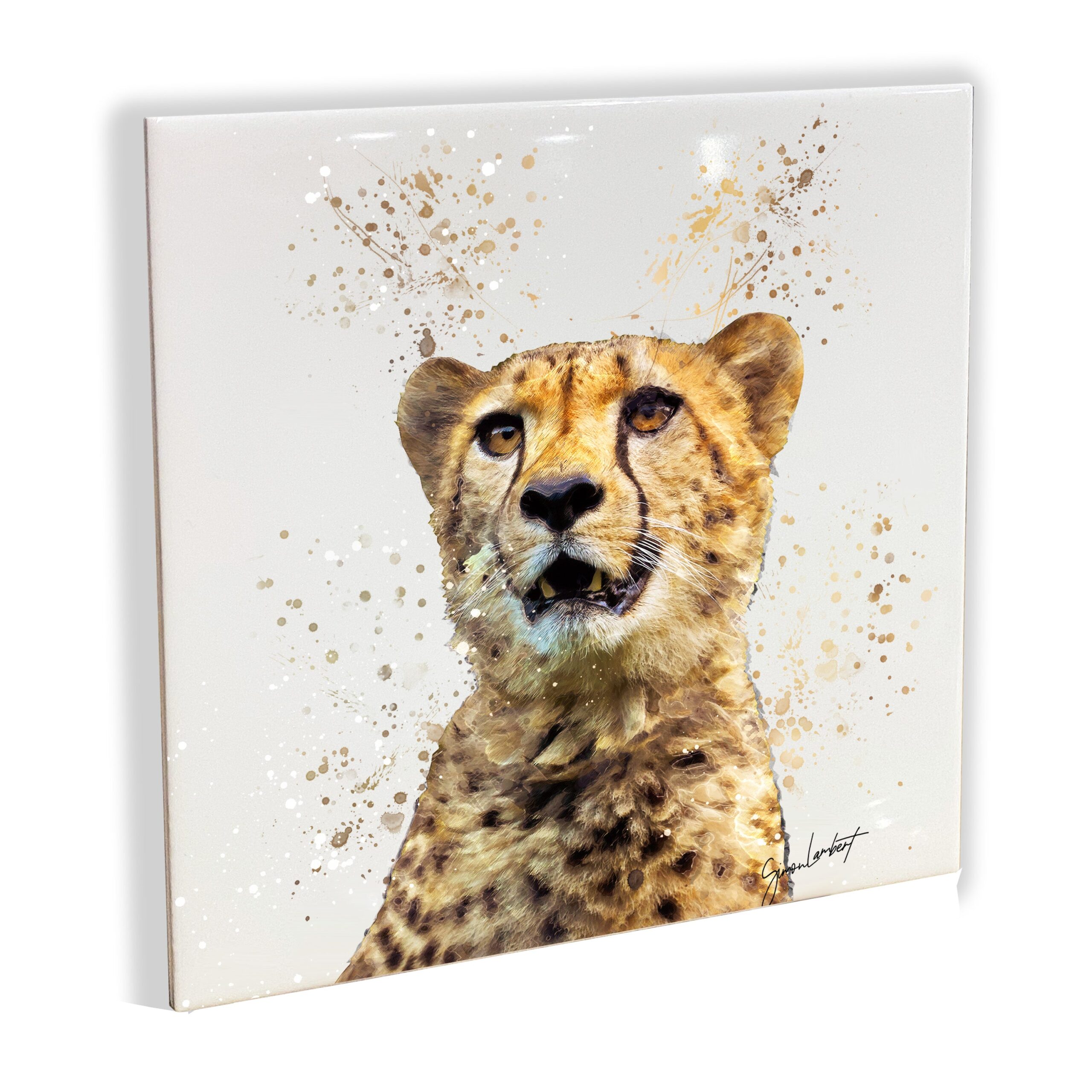 Cheetah Portrait Brush Splatter Style Artwork - Framed CERAMIC TILE Art - Image 3