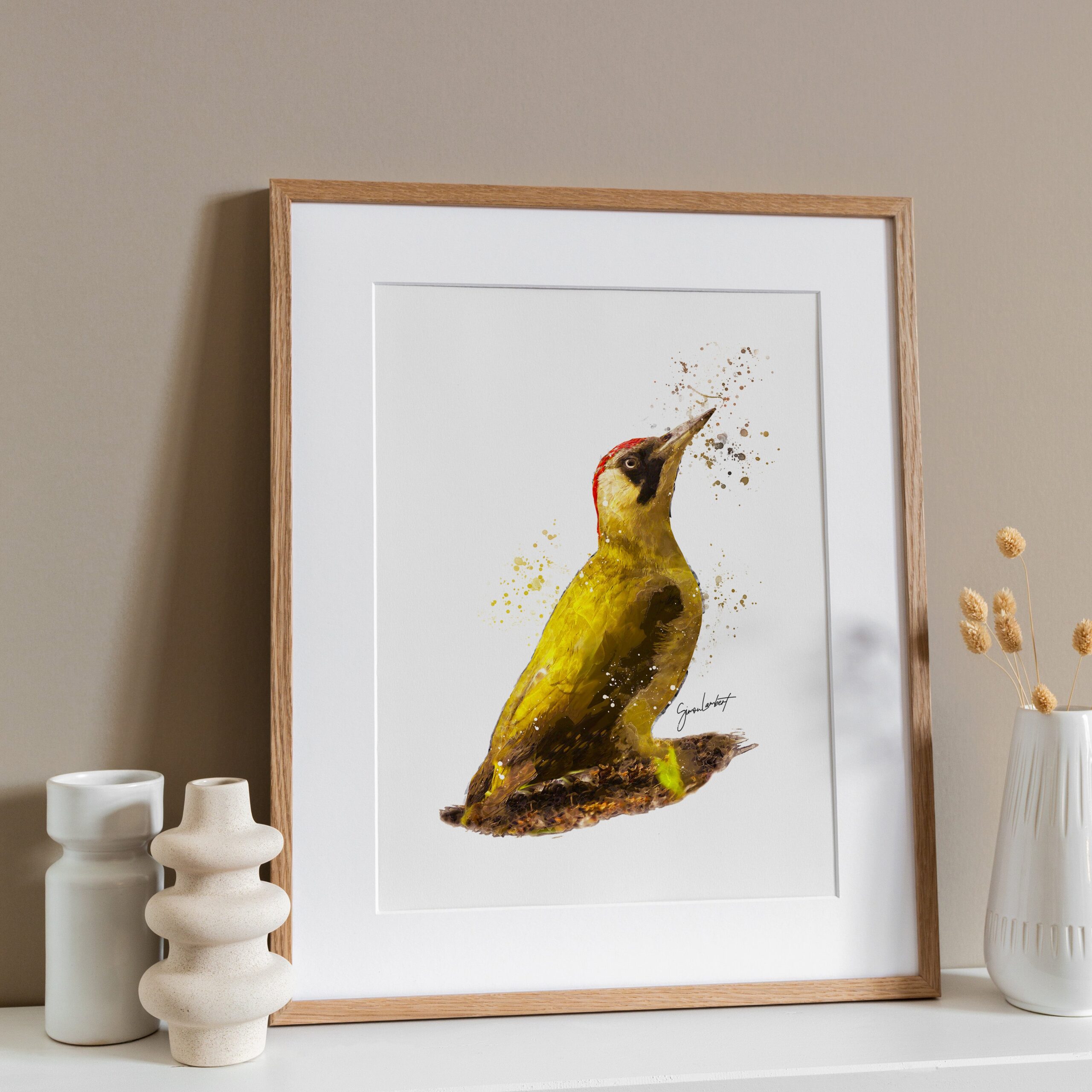 Green Wood Pecker Portrait Splatter Style Artwork Fine Art Print (Unframed) - Image 2