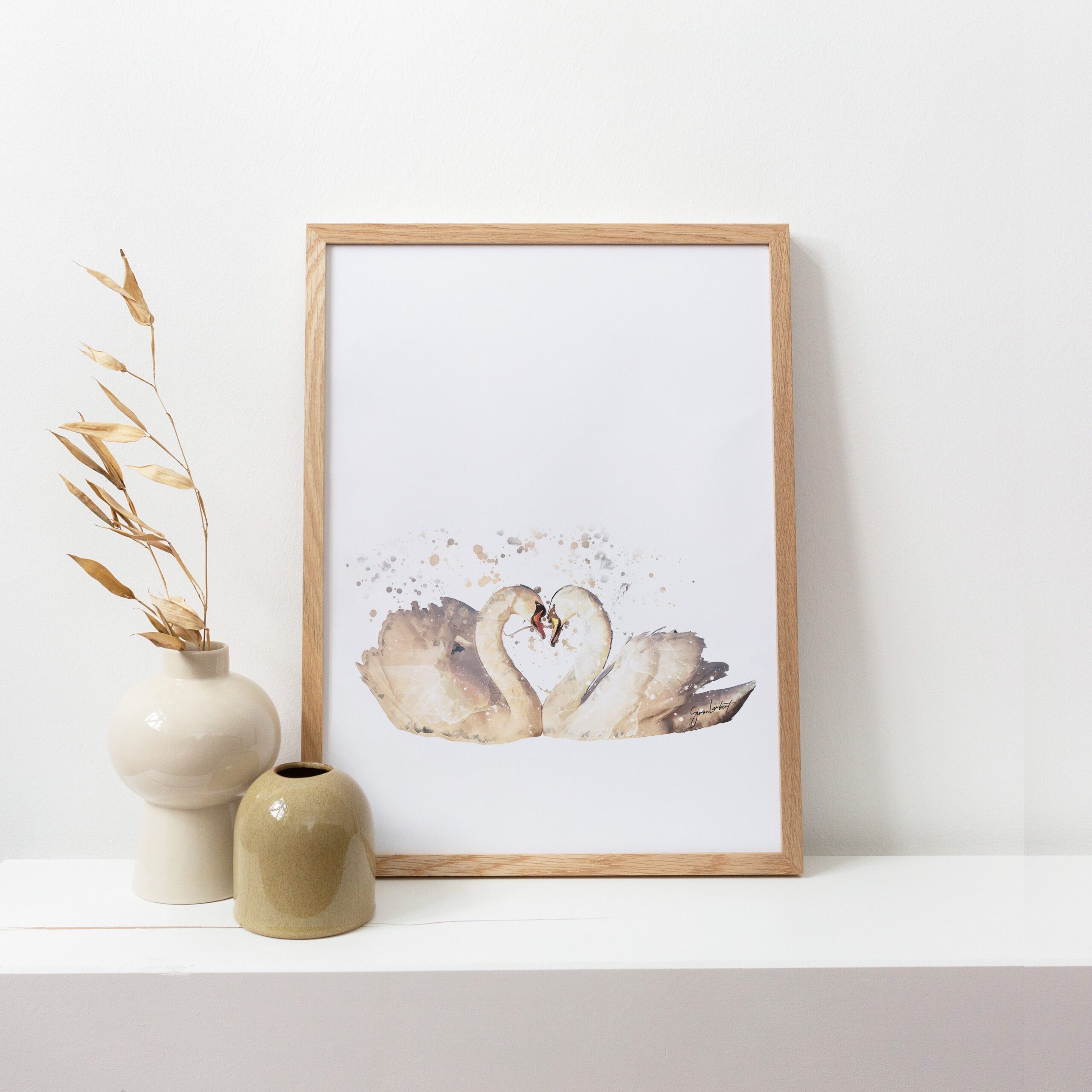 Swan Couple Portrait Splatter Style Artwork Fine Art Print (Unframed)